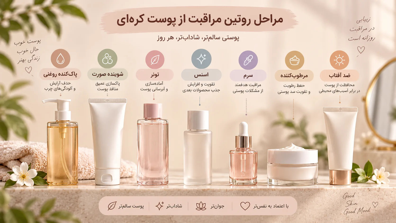 اینفوگرافیک راهنمای کامل روتین مراقبت از پوست کره‌ای (۴ تا ۱۰ مرحله)