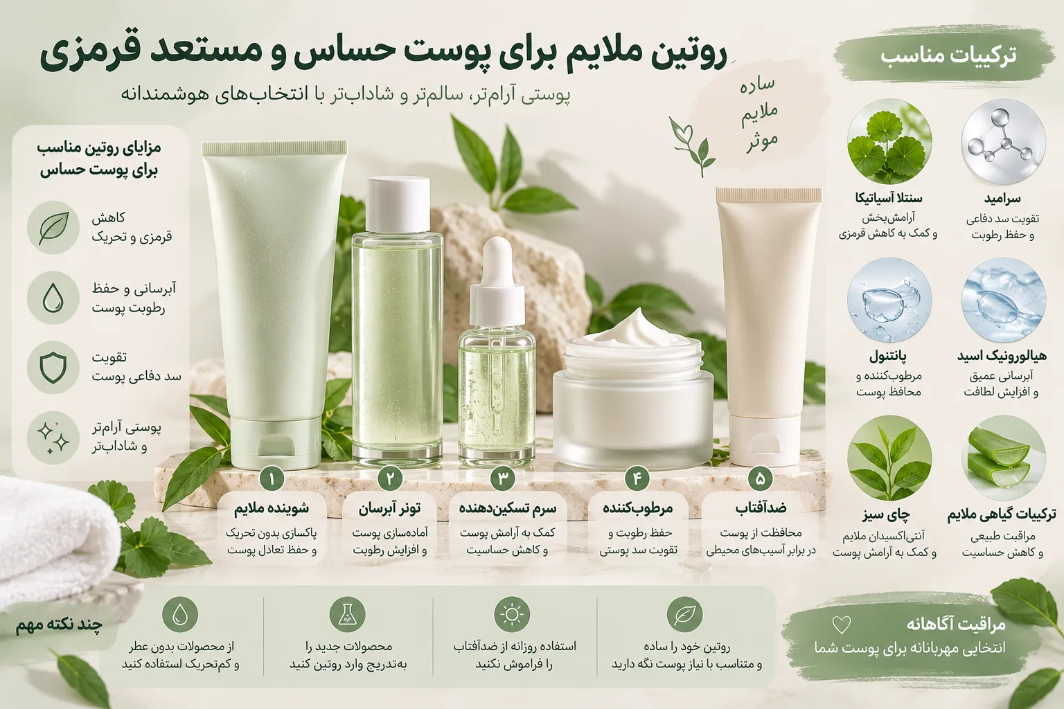 اینفوگرافیک روتین پوست حساس و مستعد قرمزی