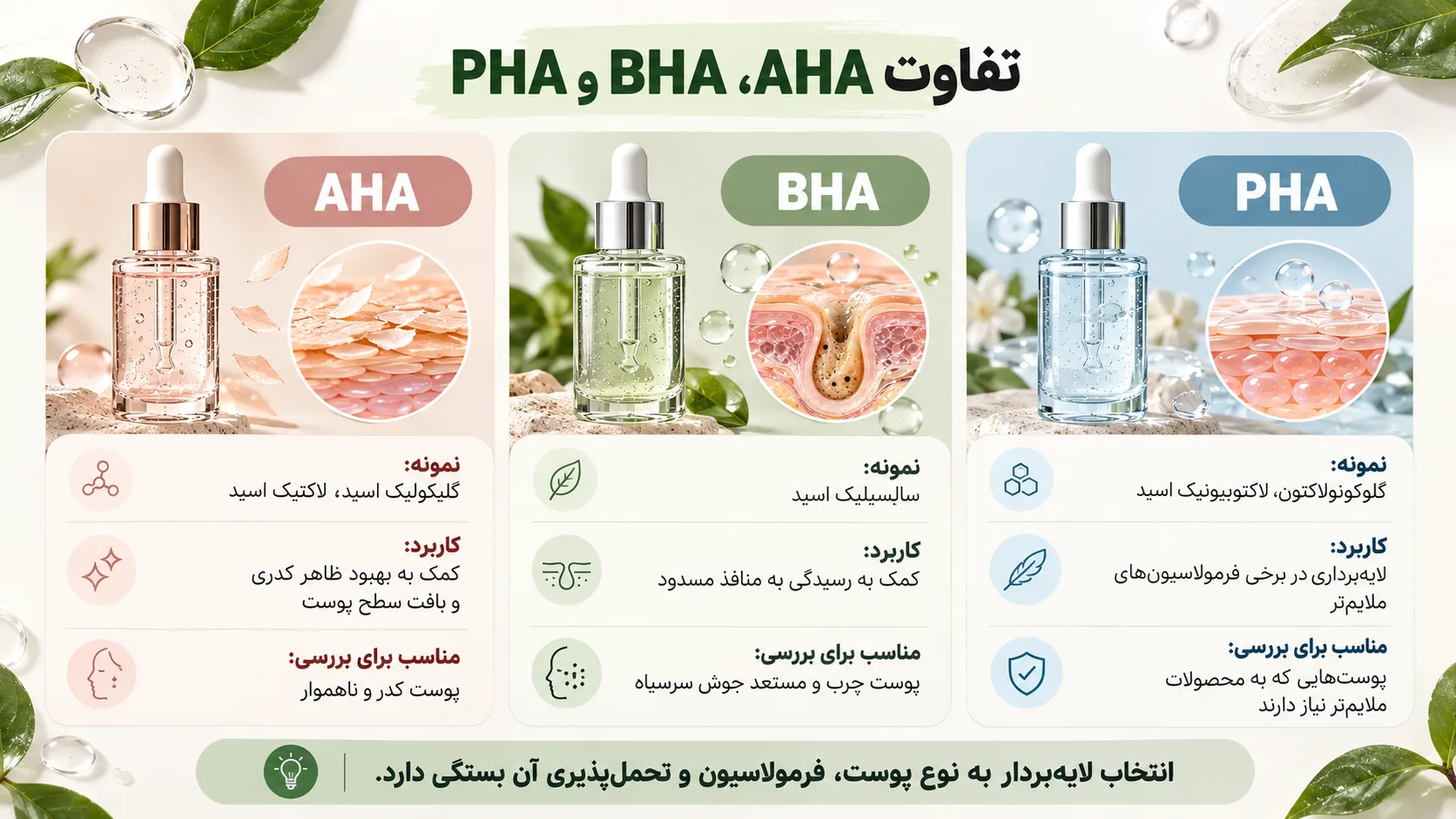 اینفوگرافیک مقایسه کاربرد AHA، BHA و PHA برای نیازهای مختلف پوست