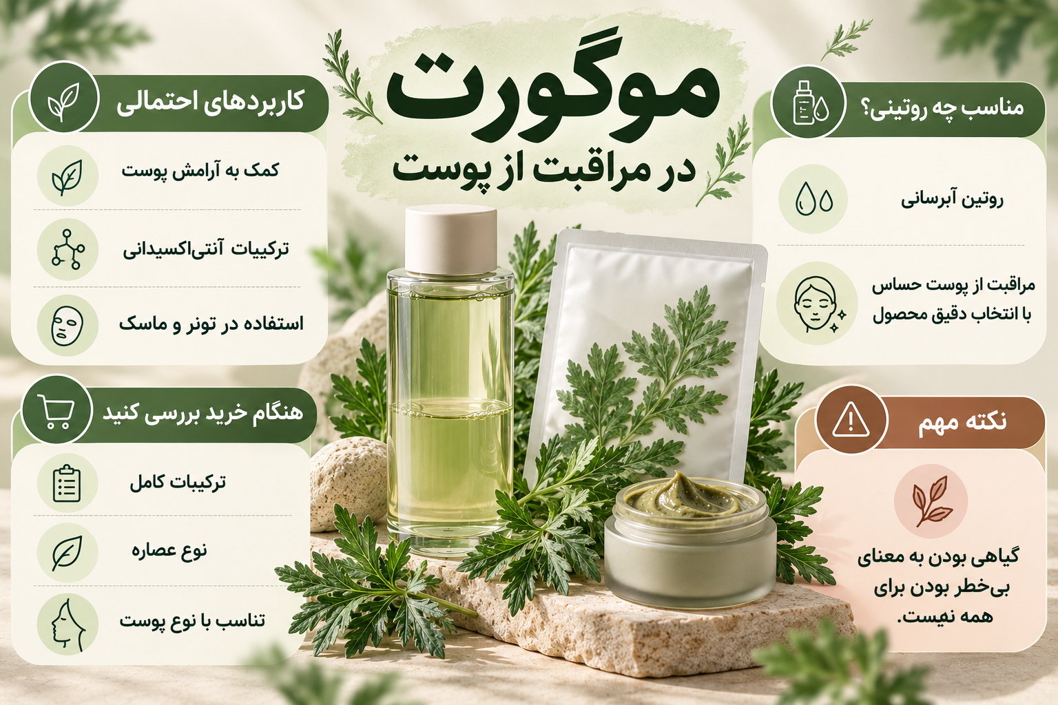 اینفوگرافیک خواص احتمالی موگورت و نکات انتخاب محصولات پوستی