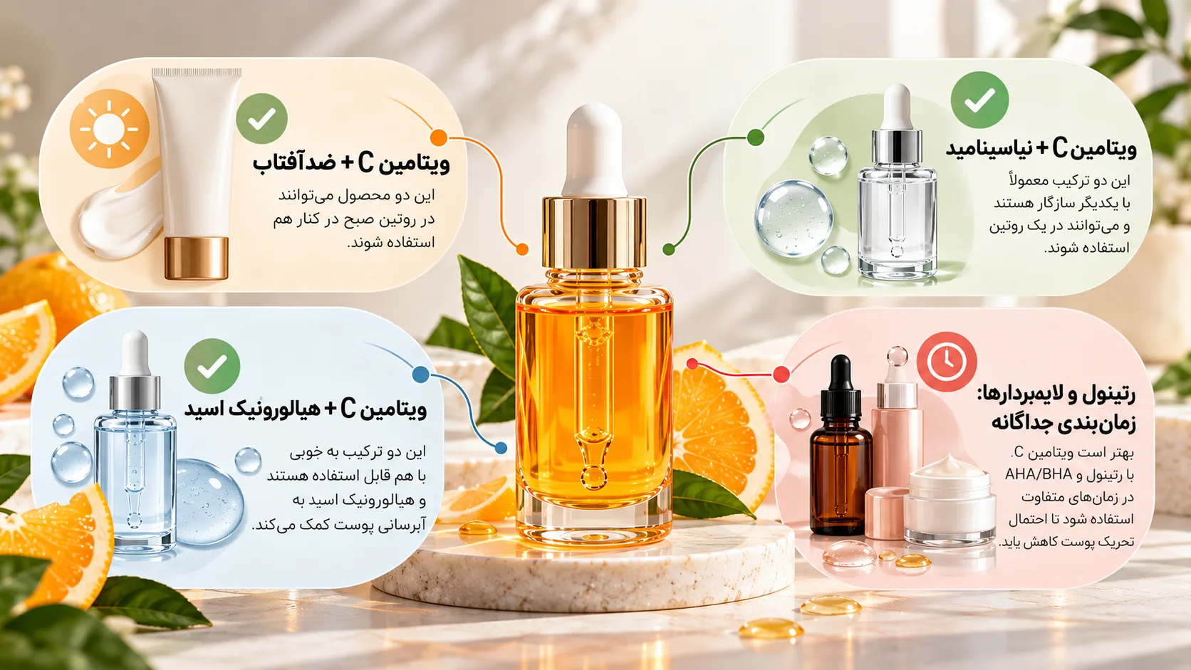 اینفوگرافیک ویتامین C در روتین پوست؛ انتخاب، ترتیب و ترکیب صحیح